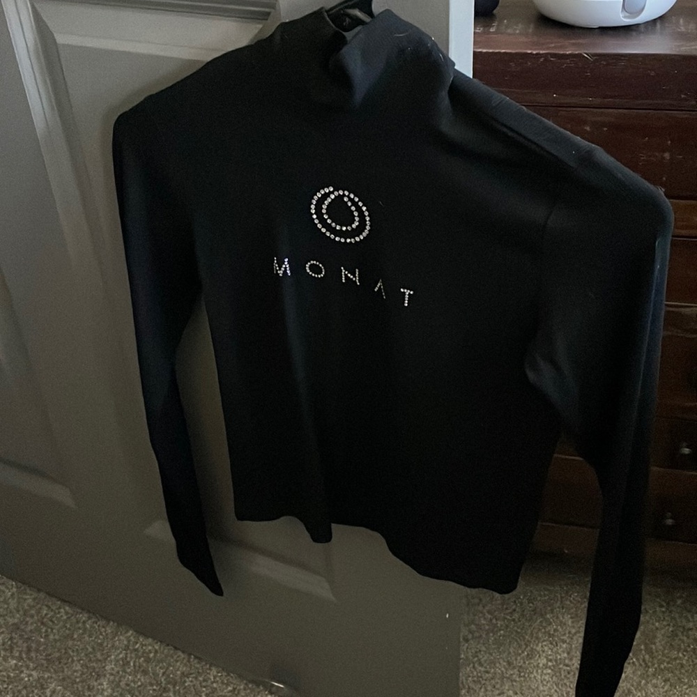 MONAT black and rhinestone cropped turtleneck, size small